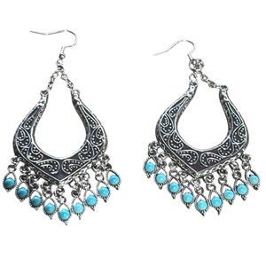 Boho Festival SilverTeardrop Earrings With Turquoise, Teal Tassel Beads